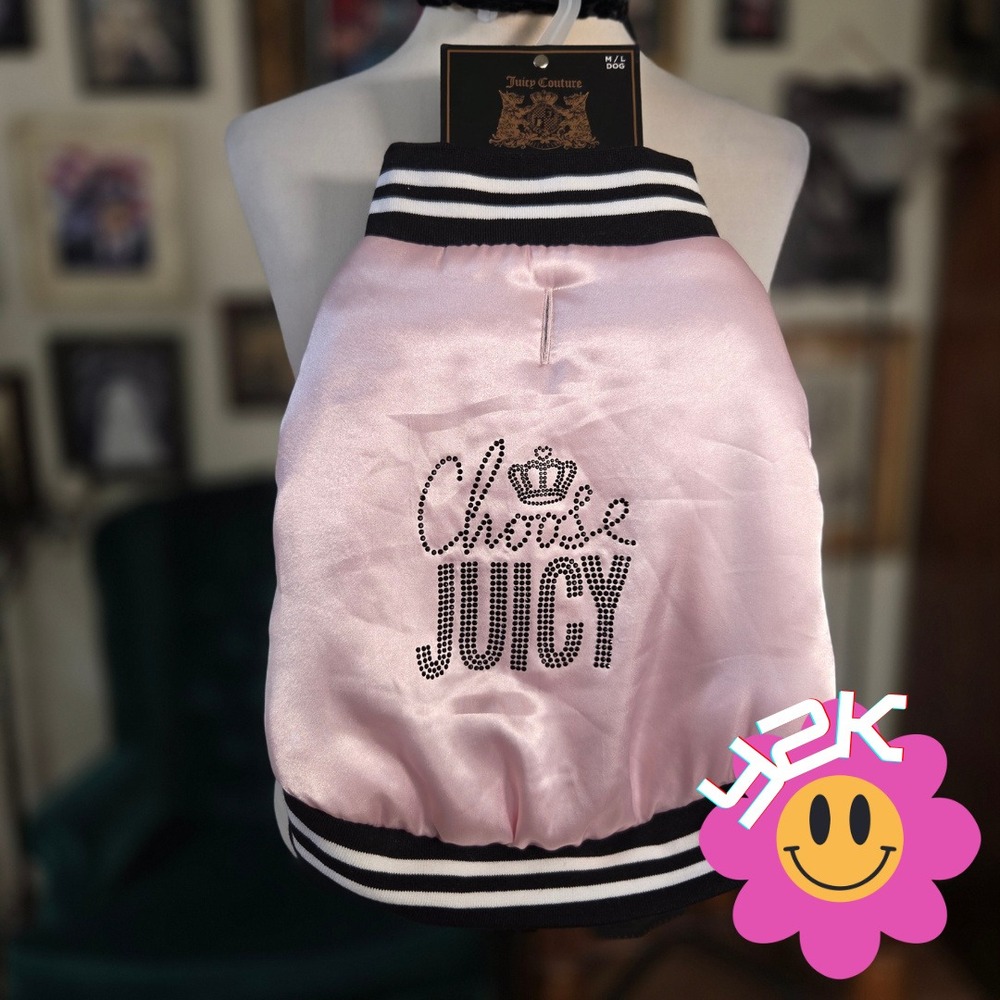 Juicy Couture Dog Bomber Jacket Pink Satin Rhinestone Choose Juicy Vest M/L NEW